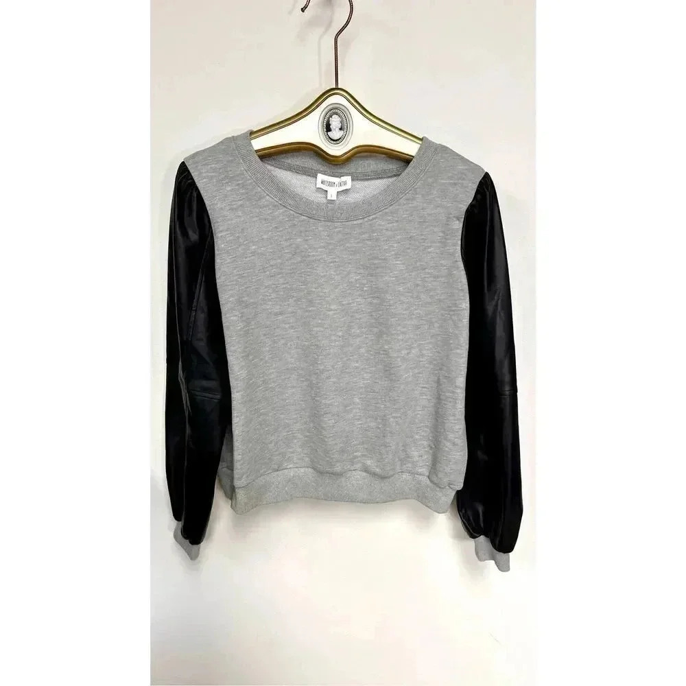 Whiteroom+Cactus Womens Gray‎ Black Faux Leather Sleeves Sweatshirt Size Large
